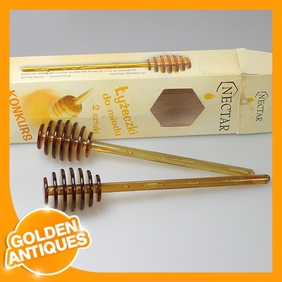 Neu Nektar 2x Gold Bernstein Farbe Honig Löffel Stab Löffel Werkzeug mit Box