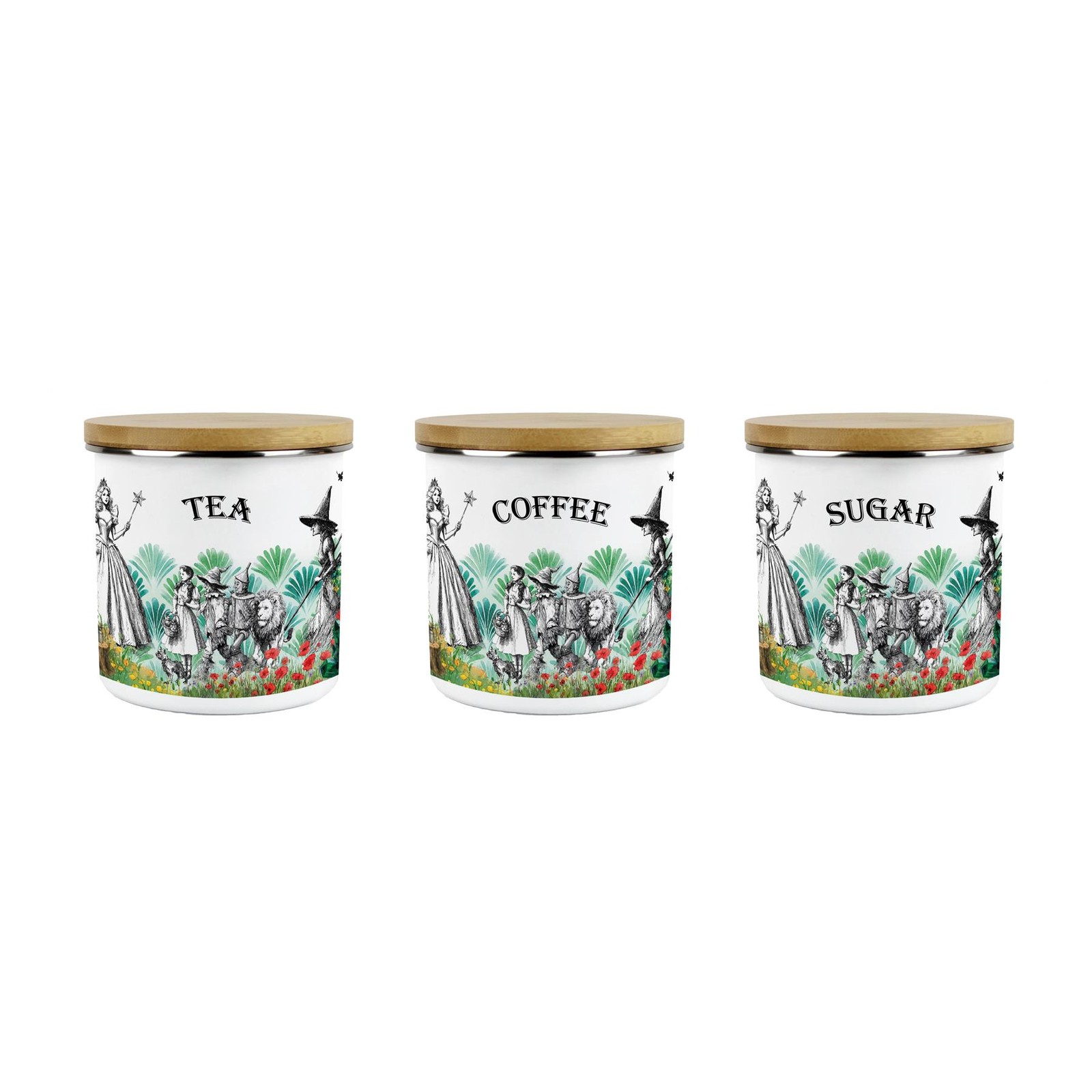 Wizard of Oz Tea, Coffee & Sugar Canister Gift Set - 600ml Large Enamel Tins