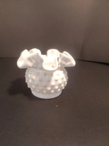 Fenton Vase White Milk Glass Ruffled Edge Hobnail 3 Inches Tall