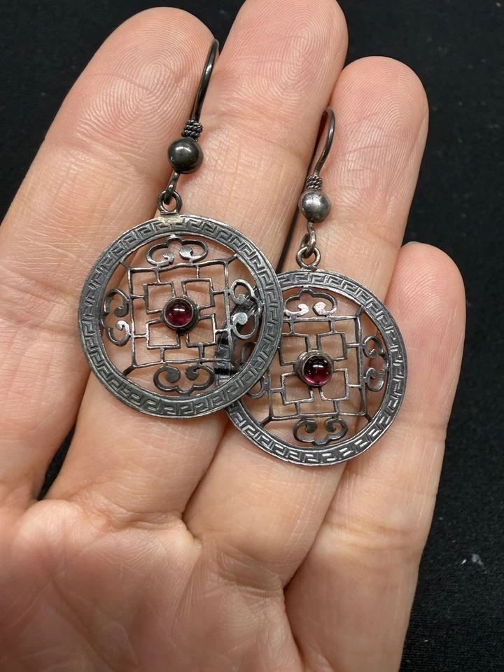Vintage 8 pairs 925 Sterling Silver Dangle Hook Earrings Moonstone Garnet Italy - Image 4 of 4