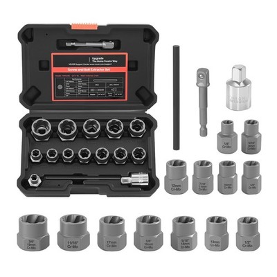 16-Pc Bolt Extractor Set: Plum-Shape Extractors, Adapters, Pin Punch, HRC50-55