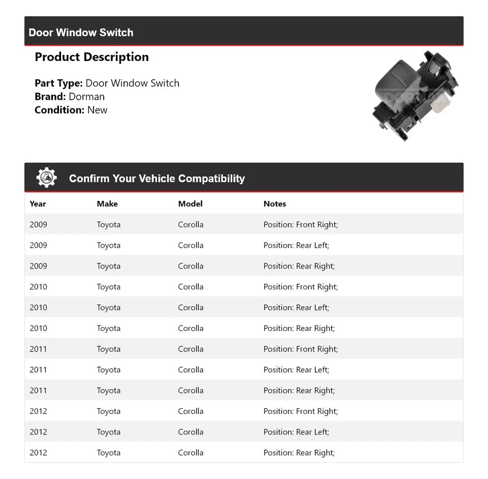 Interruptor de ventana de puerta para Toyota Corolla Dorman 2009-2012 2010 2011 Foto 2 de 4