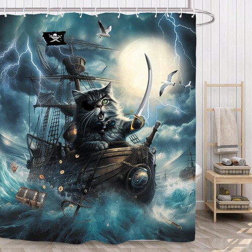 Funny Cat Bathroom Shower Curtain Inch Pirate Ship 60W by 71H Cat Blue Ocean - Picture 2 of 8