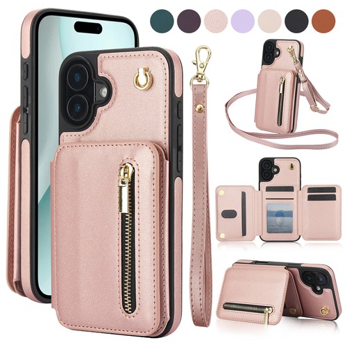 For iPhone 16 15 14 13 12 Pro Max Leather Card Wallet Crossbody Strap Stand Case - Picture 12 of 77