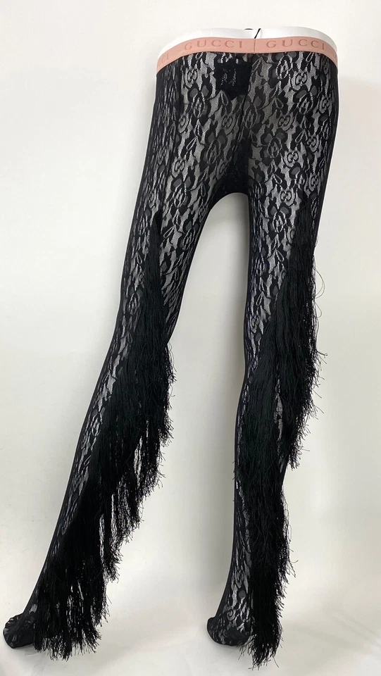 Gucci NWT $650 Small Black Ozil Stretch Sheer Floral Lace Tights Fringe Auth - Image 2 of 4