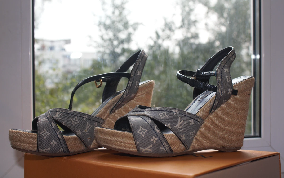 Louis Vuitton Grey Encre colored Canvas Monogram Espadrille Wedge Sandals  Shoes