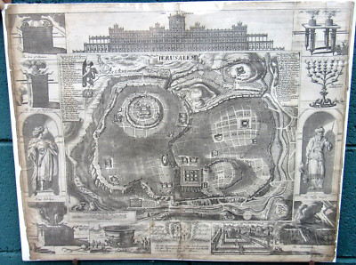 JERUSALEM BIRDSEYE MAP ENGRAVING 1687 ORIGINAL R. BLOME J. KIP 17 by 21