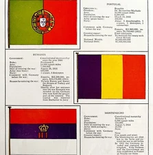 Flags Of WW1 Lithograph 1918 Portugal Rumania Montenegro Greece Military DWY6