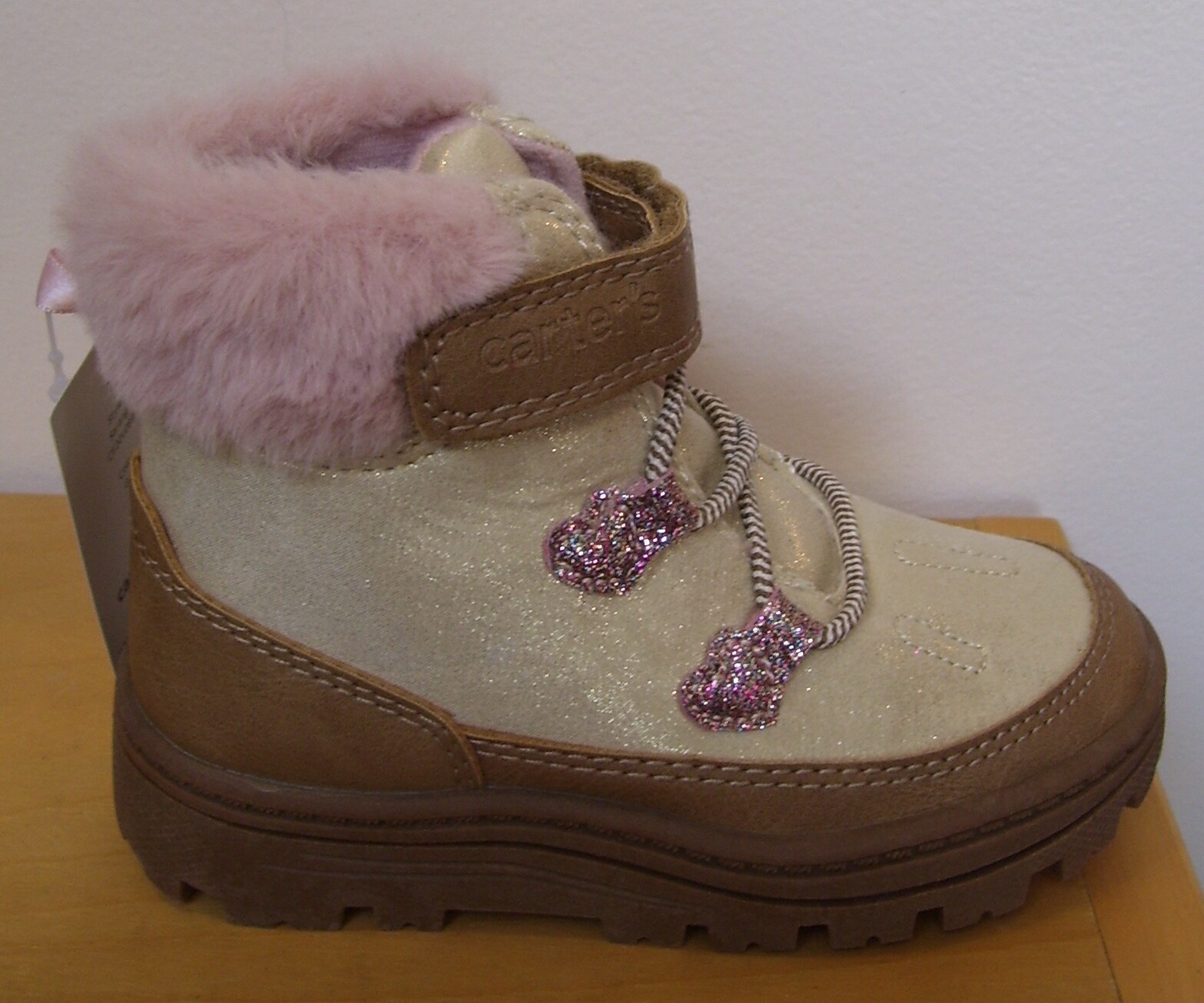 Toddler Girls Carter's SARANG Gold Pink Glitter Hearts Fur Boots Shoes Sz 5