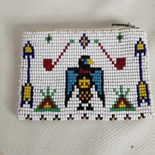 Vintage Seed Bead Native American Themed Zippered Coin Purse Leather Lined Flaw