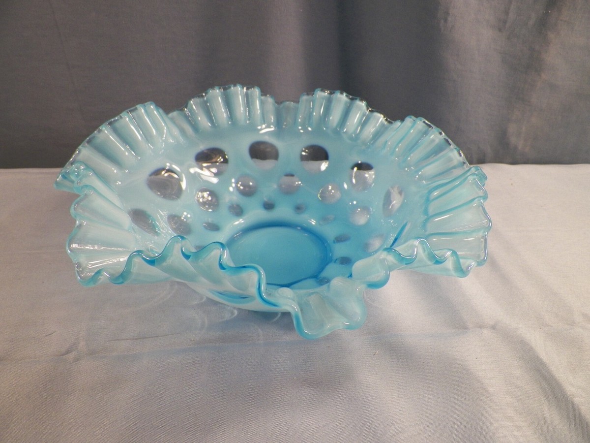 Vintage Fenton Blue Opalescent Glass Bowl w/ Coin Dot