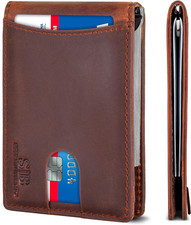 Cartera minimalista delgada y plegable de cuero genuino con bloqueo RFID