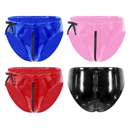 Men's Wet Look PVC Leather Briefs Drawstring Low Rise Zipper Shorts Underpants - Picture 1 of 55