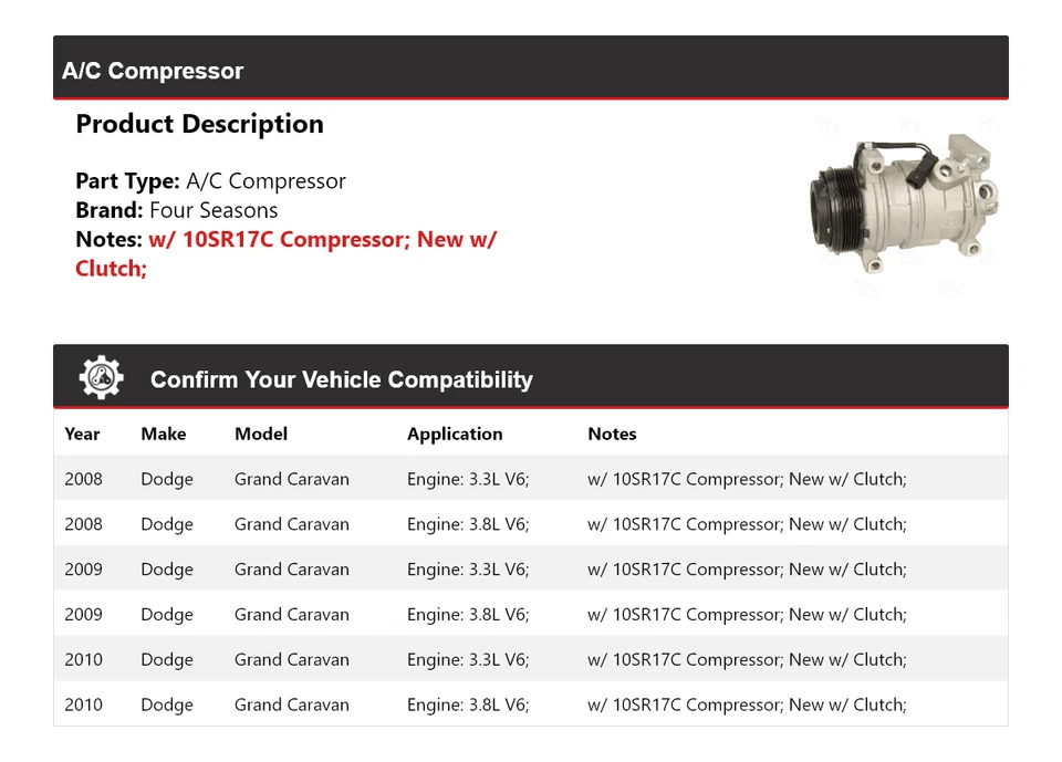 Compresor de aire acondicionado para Dodge Grand Caravan 2008-2010 4 estaciones 2009 Foto 2 de 4