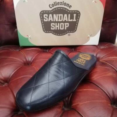 SANDALI SHOP® Pantofole Uomo Invernali chiuse VERA PELLE Lusso da camera eleganti colore blu
