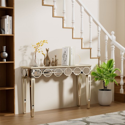Glam Console Table Furniture Mirrored Entry Table w/ Gold Rim Lantern-like Edge - Picture 2 of 12
