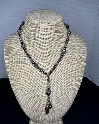 Vintage Designer Tres Jolie Sterling Silver Garnet Glass Pearl Necklace - 第 1/7 張圖片