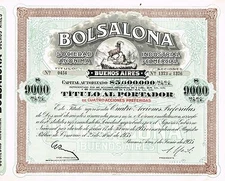 ARGENTINA BOLSALONA INDUSTRIAL & COMMERCIAL COMPANY stock certificate $9000 