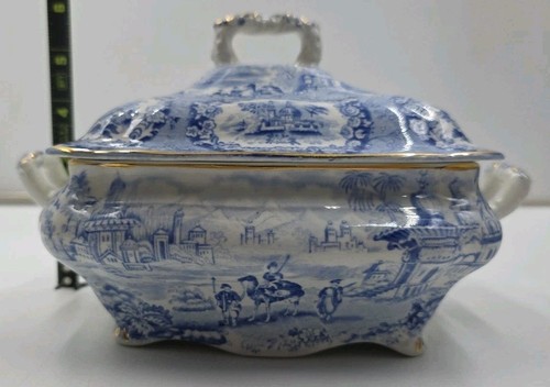 Antique Ridgway ORIENTAL 8” Blue/Gold Trimmed Serving Bowl W/ Lid VG Condition - Picture 6 of 12