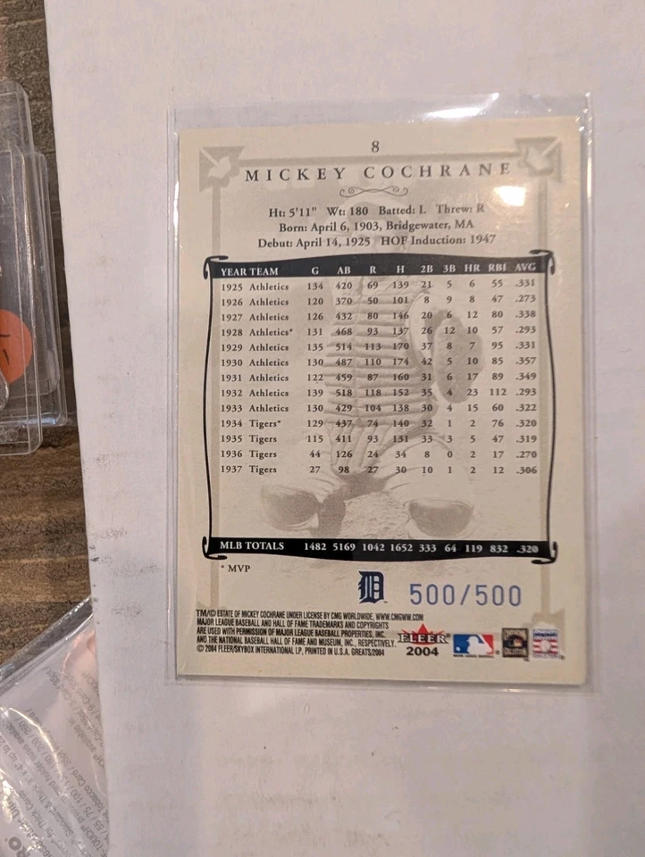 Fleer Greats 2004 azul Mickey Cochrane #8 Detroit Tigers 500/500 Foto 2 de 3