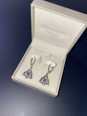925 Sterling Silver Celtic Trinity Knot Earrings Purple CZ Dangle Leverback