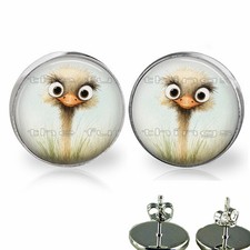 Watercolor Print Safari Animal Ostrich Girls Stud Earrings Fashion Jewelry