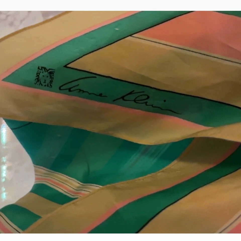 Vintage Anne Klein Oblong Scarf Green Pink Gold Stripe 62" Logo Retro 70s 80s - Image 2 of 4