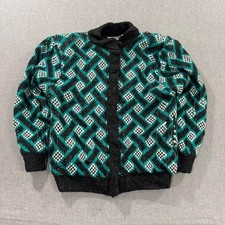 Vintage 80s Cherry Stix Ltd Knit Cardigan Sweater Diamond Green Black Medium