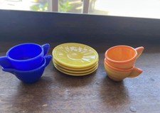 Vintage Akro Agate Child  s Tea Set Cups  Saucers Cobalt Blue Orange Yellow Lot