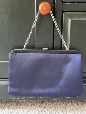 Vintage 1960s Ande Navy Satin Evening Bag with Pristine Vanity Mirror