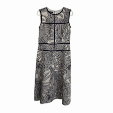 Lafayette 148 Damaris Dress 10 Gray Blue Midi Tropical Print Fil Coupe Silk