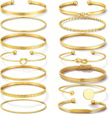 Gold Bangle Bracelets for Women 14 Pc Stackable 14K Gold Plated Set