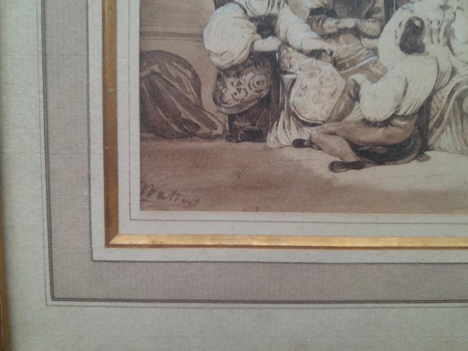 dessin ancien 19ème scène époque romantique signée personnage signé - Photo 3/4