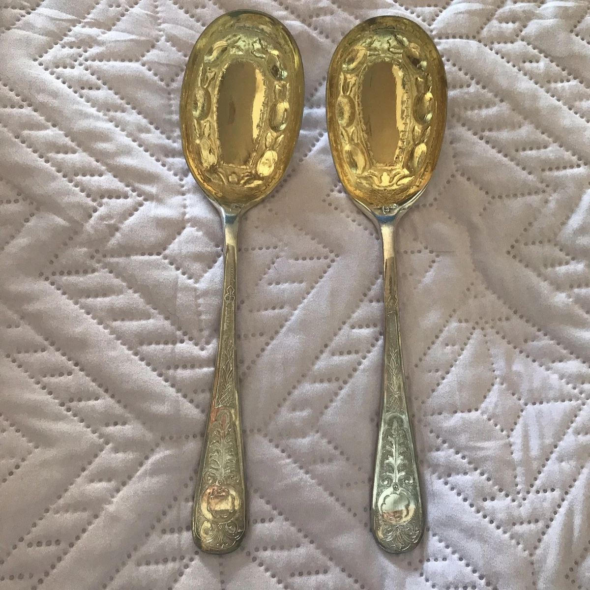 2 VINTAGE GOLD WASH EMBOSSED SILVER PLATED LGE FRUIT SPOONS