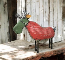Rustic 14.25" x 16" Repurposed Scrap Red Print Metal Moose Statue Home Garden