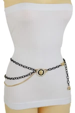 Women Black Metal Chain Narrow Waistband Belt Wave Gold Lion Charm Size M L XL