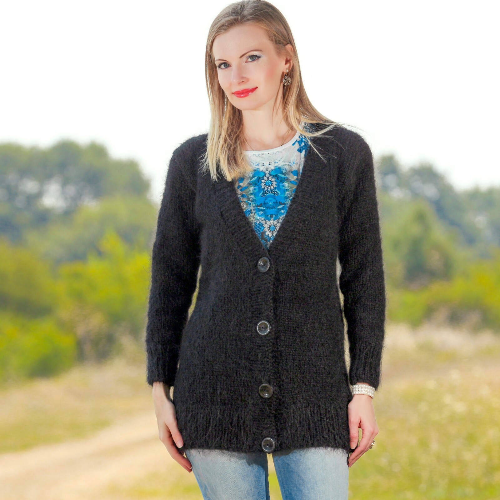 Black V neck fuzzy mohair cardigan warm 