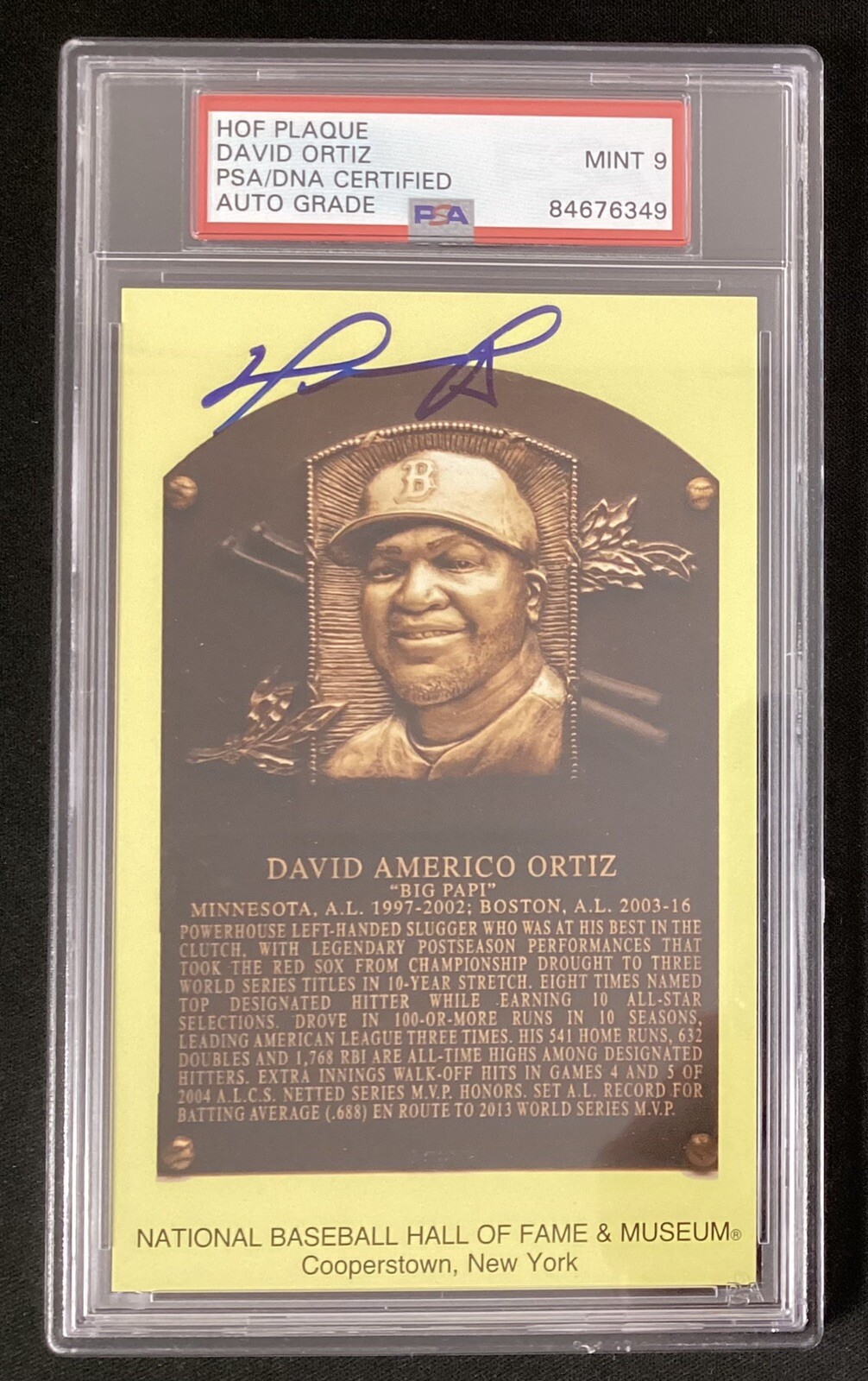 David Ortiz Autographed Signed Boston Red Sox Gold HOF Plaque Postcard Yellow Red Sox PSA/DNA Auto Mint 9 