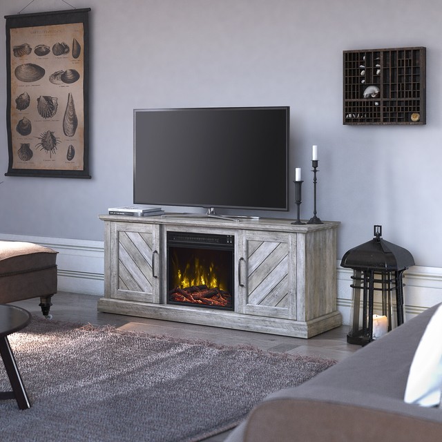 Sei Narita Glazed Pine Media Cosole With Electric Fireplace For