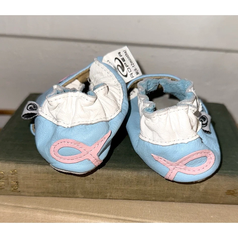 Roper Leather Baby Infant Crib Shoes Blue With Pink Pigs Size 6-12 Months - Image 3 of 4