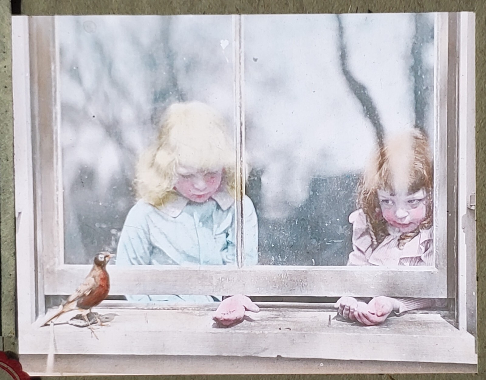1903 Bobwhite & Kids at Window, CORNER CRACK Magic Lantern Glass Slide