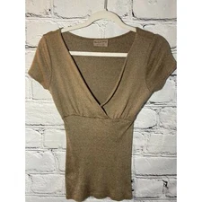Michael Stars Shirt Tee Cross Front Metallic Brown Gold short Sleeve  Women's OS