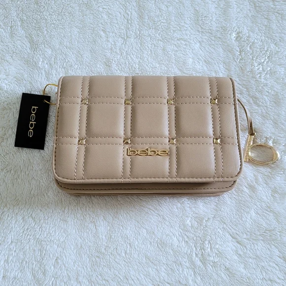 Bebe Womens Chica Stud Crossbody Bag Beige Leather Purse