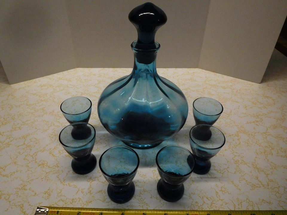 Vintage Blue Glass Wine/Liquor Serving Set of Bottle, Solid Lid & 6 Shot Glasses - Image 2 of 4