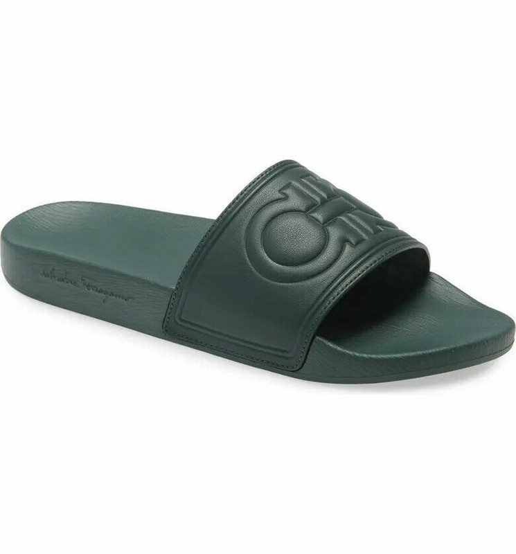 100% AUTHENTIC NEW MEN FERRAGAMO GROOVE 9 GREEN SLIDE LEATHER SANDALS US 9 D