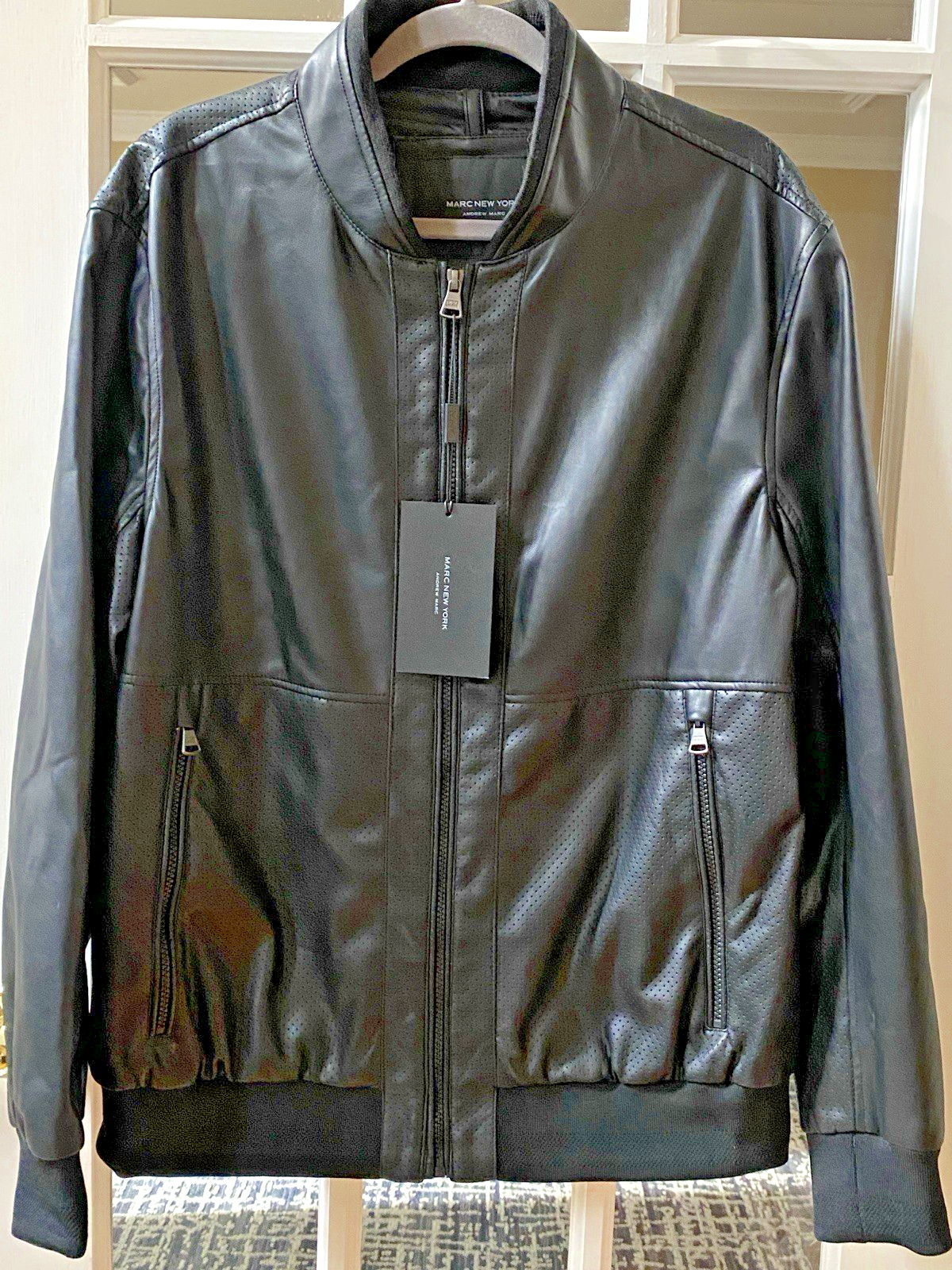 Andrew Marc New York Mens Maxton Faux Leather Moto Jacket L Black