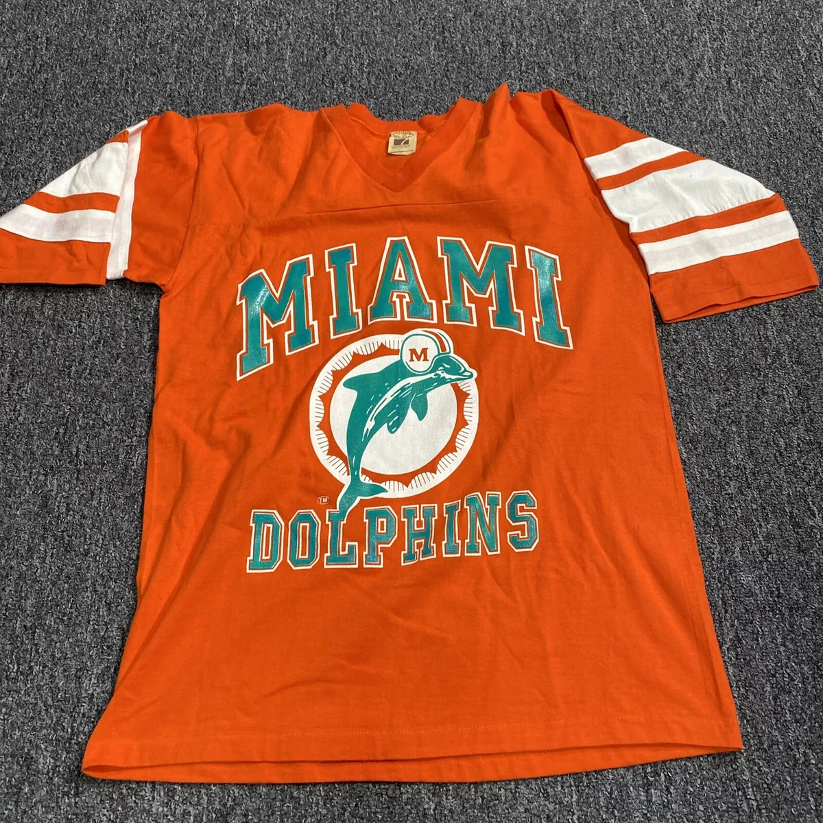 Vintage 80s Logo 7 Miami Dolphins T-Shirt L VTG USA V-Neck Orange NFL  Football