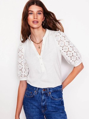 BODEN Henley-Top Eden Puffärmel UK 20 neu mit Etikett - weiß Baumwolle