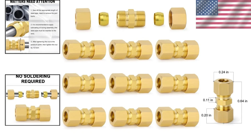 Durable Brass Compression Tube Fitting 3/16" OD Union 10-Pack for All Projects - Image 2 of 4