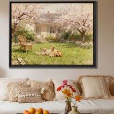 Watercolor Painting Garden Dog Art Golden Retriever Canvas Print Wall Decor